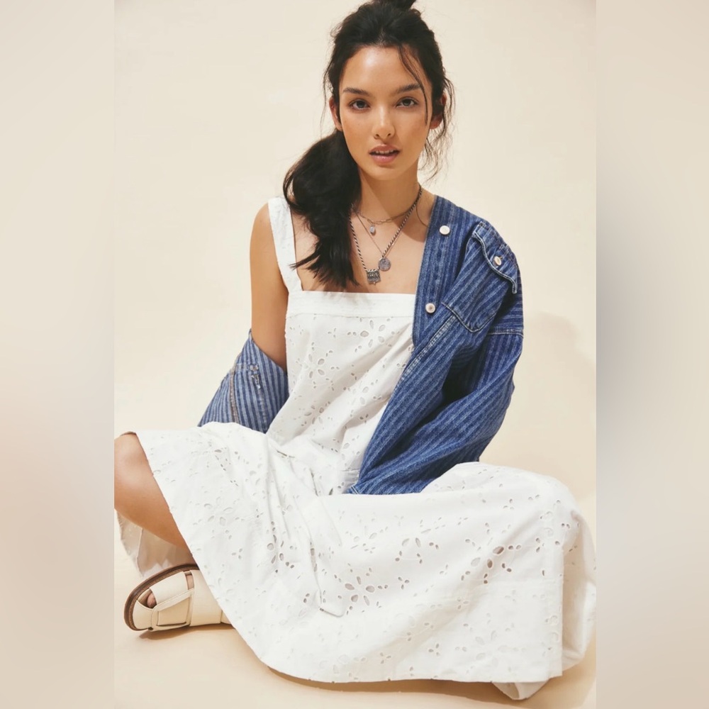 Free People Primavera White Eyelet Midi Dress with Square Neck NET Size S